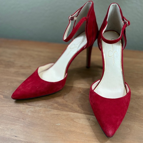 Jessica Simpson Red Suede Stiletto Ankle Strap, Pointed Heels, Womens size 9.5 - Picture 10 of 14